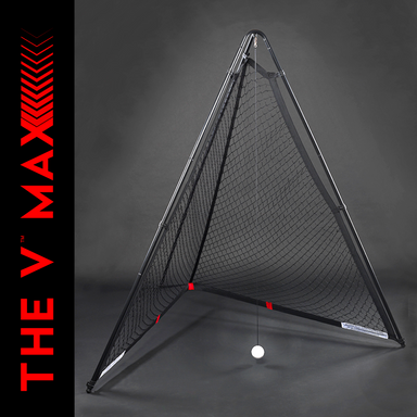 Against a dark backdrop, The V Max by The V—a black, triangular portable cricket net with a suspended ball—is displayed. Bold red text reading THE V MAX with chevrons appears on the left.