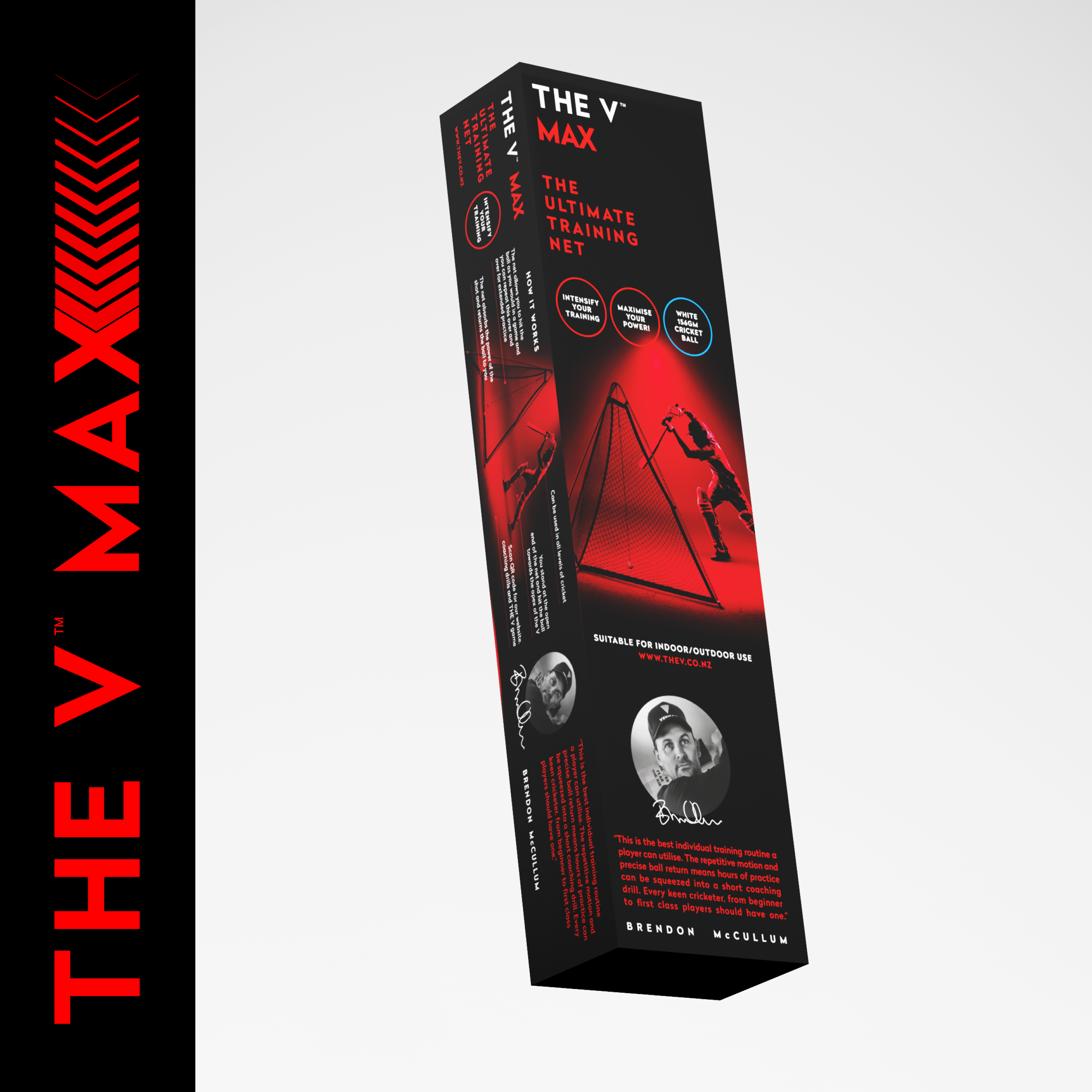 A rectangular box for The V Max by The V features a red and black design, athlete silhouette, product details, Brendon McCullum's cricket ball endorsement, and a vertical logo on the left.