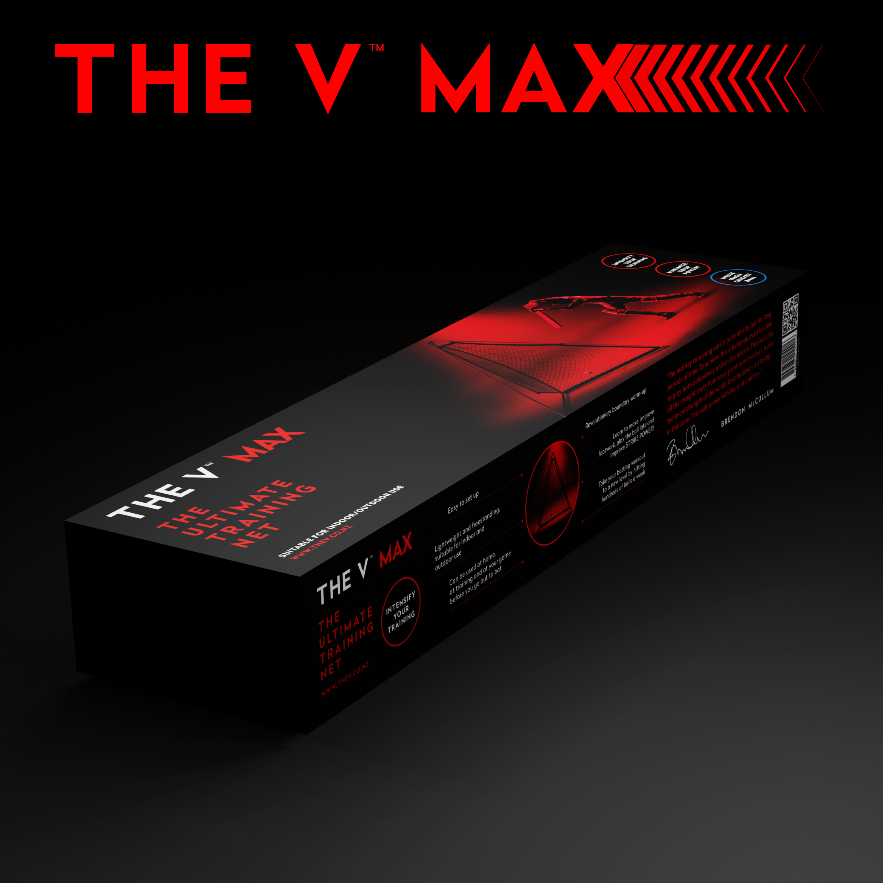 Rectangular black box labeled "The V Max" by The V with bold red graphics, containing a heating mat and cricket training gear. The striking red "THE V MAX" logo stands out, ideal for fans of the V Max cricket ball.