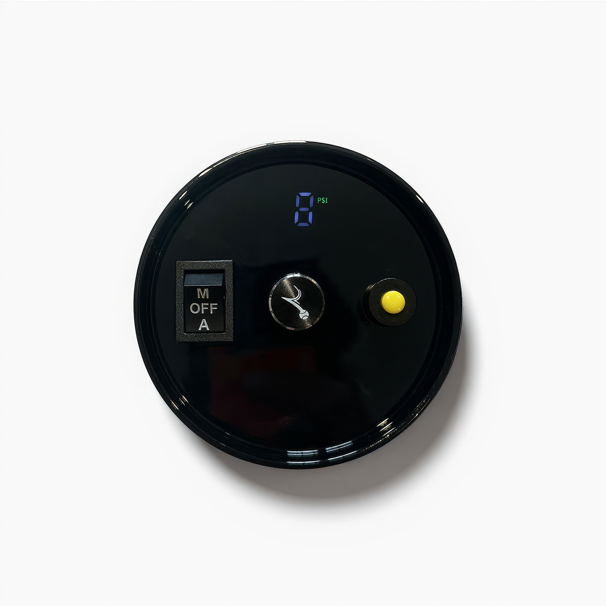 A black circular control panel for the Preserva Rechargeable Padel Ball Pressuriser by Preserva, featuring a digital display reading 0 PSI, M OFF A switch, rotary dial, and yellow button on a white background.