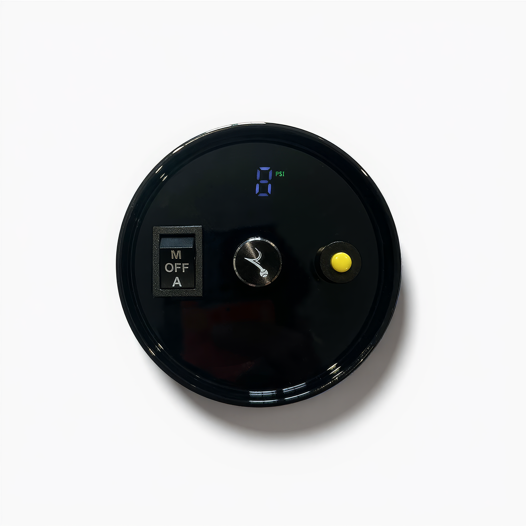 A black circular control panel for the Preserva Rechargeable Padel Ball Pressuriser by Preserva, featuring a digital display reading 0 PSI, M OFF A switch, rotary dial, and yellow button on a white background.