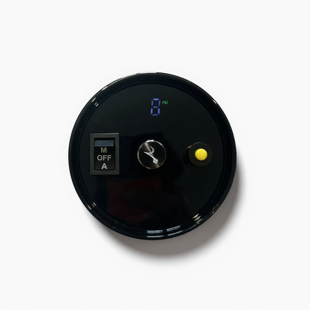 A black circular control panel for the Preserva Rechargeable Padel Ball Pressuriser by Preserva, featuring a digital display reading 0 PSI, M OFF A switch, rotary dial, and yellow button on a white background.