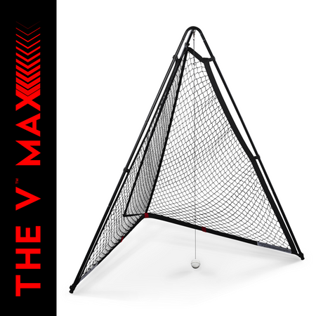 A black, triangular portable cricket net by The V, called The V Max, features a hanging V Max cricket ball and is shown on a white background. On the left, bold red "THE V MAX" text with chevrons appears.