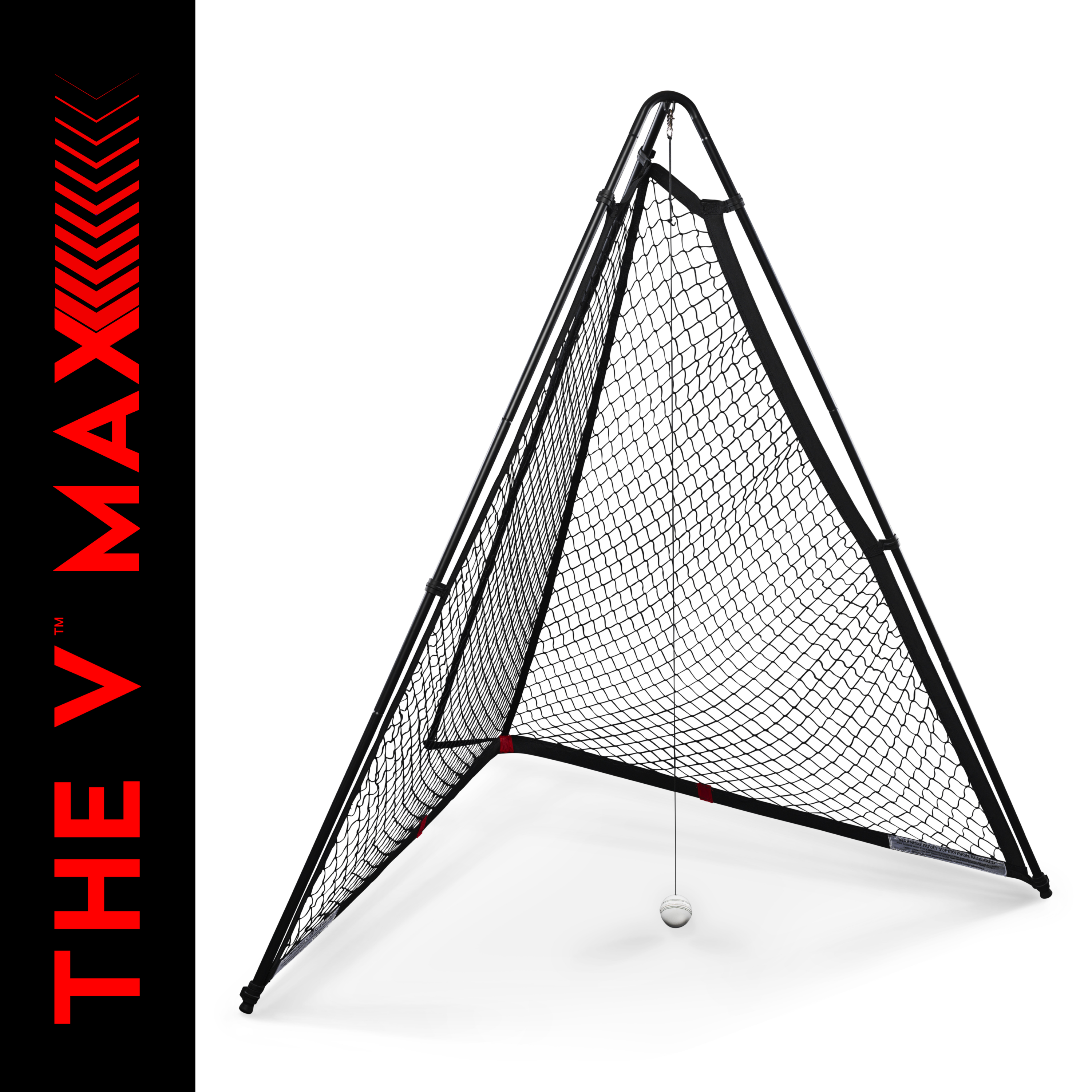A black, triangular portable cricket net by The V, called The V Max, features a hanging V Max cricket ball and is shown on a white background. On the left, bold red "THE V MAX" text with chevrons appears.