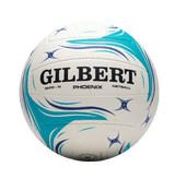 The white Gilbert Phoenix Match Netball features blue and teal swirl patterns, black branding, and duragrip technology for better handling. Shown against a light background. Brand: Gilbert. Product: Phoenix Match Netball. Color: White.