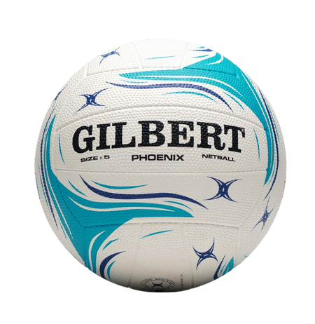 The white Gilbert Phoenix Match Netball features blue and teal swirl patterns, black branding, and duragrip technology for better handling. Shown against a light background. Brand: Gilbert. Product: Phoenix Match Netball. Color: White.