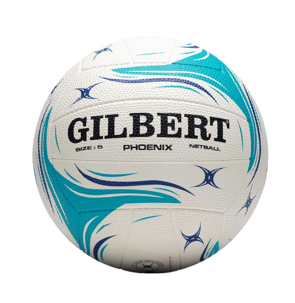 The white Gilbert Phoenix Match Netball features blue and teal swirl patterns, black branding, and duragrip technology for better handling. Shown against a light background. Brand: Gilbert. Product: Phoenix Match Netball. Color: White.