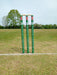 Gray Nicolls Custom Printed Club Cricket Stumps with bails stand on a grassy pitch, featuring a white crease line in front and trees in the background under a clear sky.