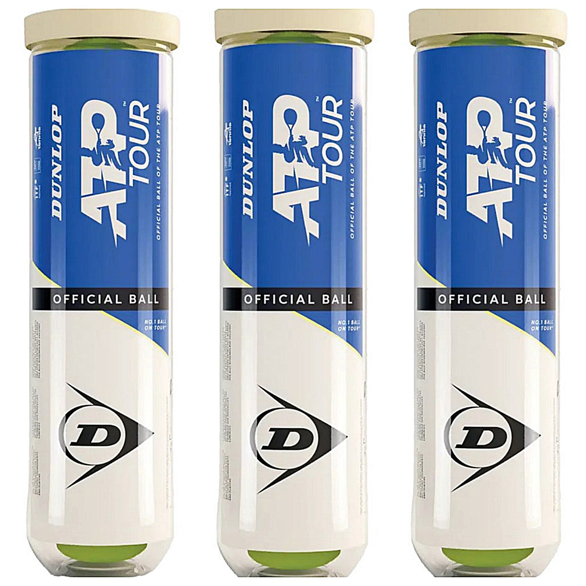 Three Dunlop ATP Tour (4 Ball Tube) cans, each with a blue and white design and Dunlop branding, deliver tour-level performance for players seeking professional tennis balls.
