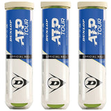 Three Dunlop ATP Tour (4 Ball Tube) cans, each with a blue and white design and Dunlop branding, deliver tour-level performance for players seeking professional tennis balls.