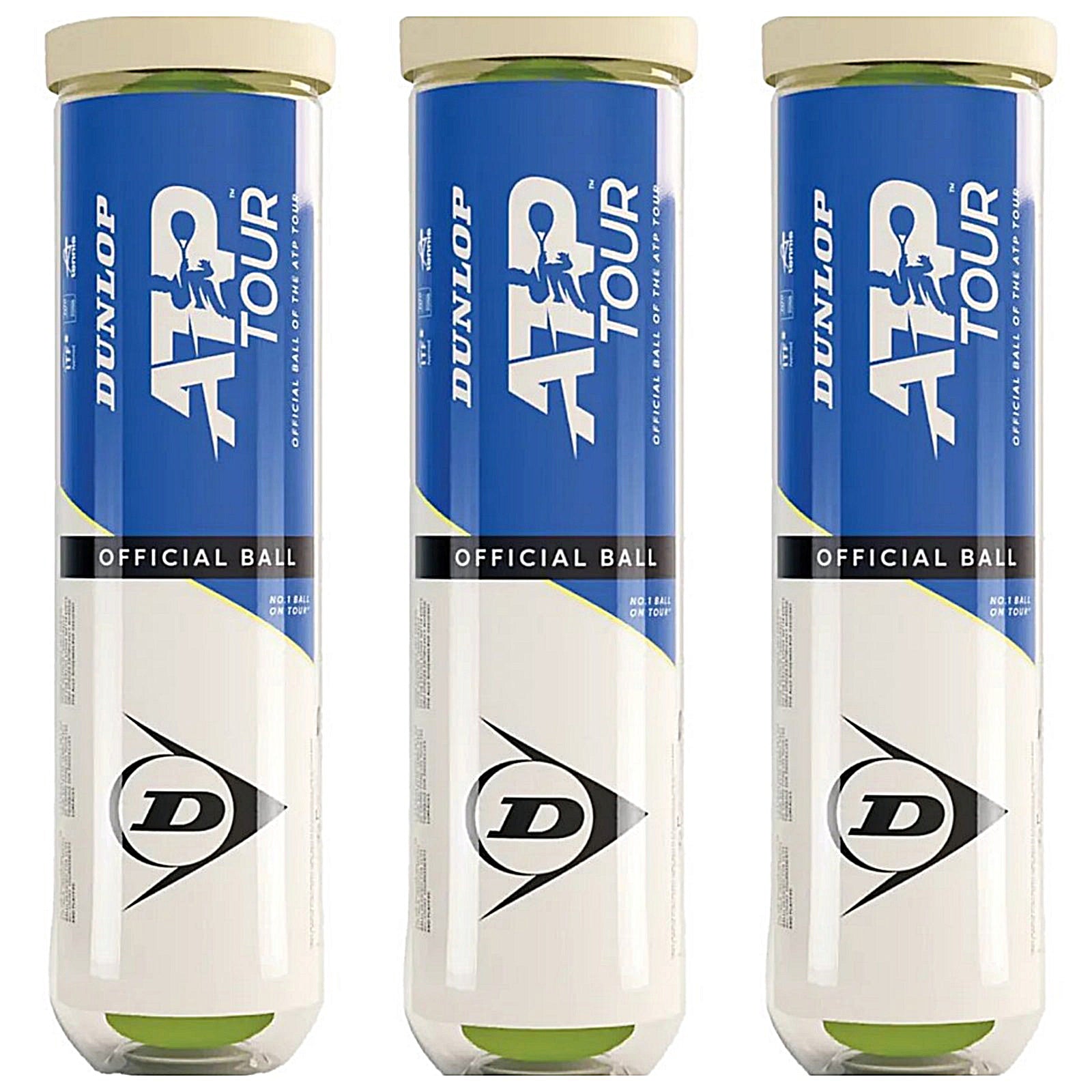 Three Dunlop ATP Tour (4 Ball Tube) cans, each with a blue and white design and Dunlop branding, deliver tour-level performance for players seeking professional tennis balls.