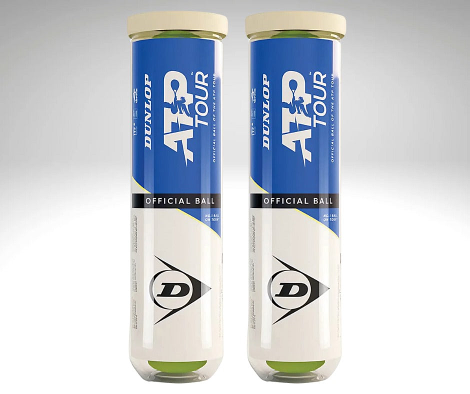 Two tubes of Dunlop ATP Tour (4 Ball Tube) tennis balls by Dunlop, upright with blue and white labels against a light gradient background. Each tube holds four professional balls for tour-level play and displays the Dunlop logo.
