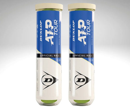 Two tubes of Dunlop ATP Tour (4 Ball Tube) tennis balls by Dunlop, upright with blue and white labels against a light gradient background. Each tube holds four professional balls for tour-level play and displays the Dunlop logo.