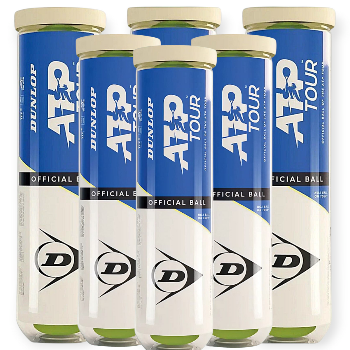 Six tubes of Dunlop ATP Tour (4 Ball Tube) tennis balls are displayed, each featuring a blue, white, and green design with the Dunlop logo and ATP Tour branding for professional performance.