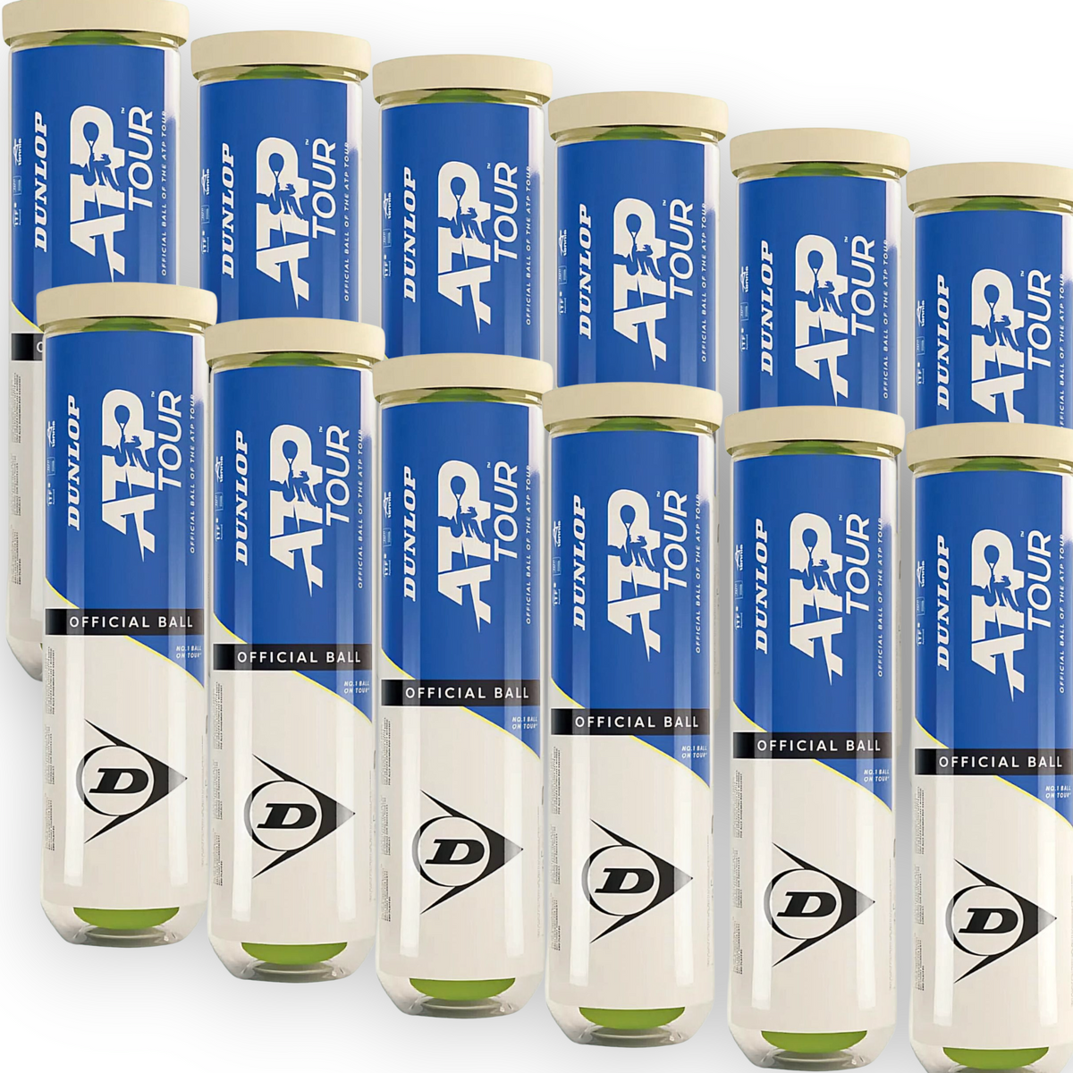 Twelve Dunlop ATP Tour tubes are stacked in three rows. Each Dunlop-branded tube holds four yellow professional tennis balls designed for tour-level performance.