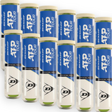 Twelve Dunlop ATP Tour tubes are stacked in three rows. Each Dunlop-branded tube holds four yellow professional tennis balls designed for tour-level performance.