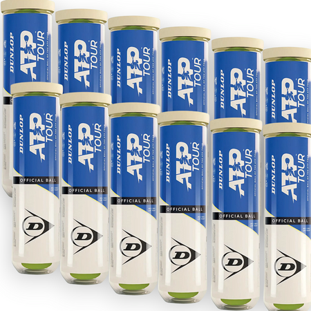 Twelve Dunlop ATP Tour tubes are stacked in three rows. Each Dunlop-branded tube holds four yellow professional tennis balls designed for tour-level performance.