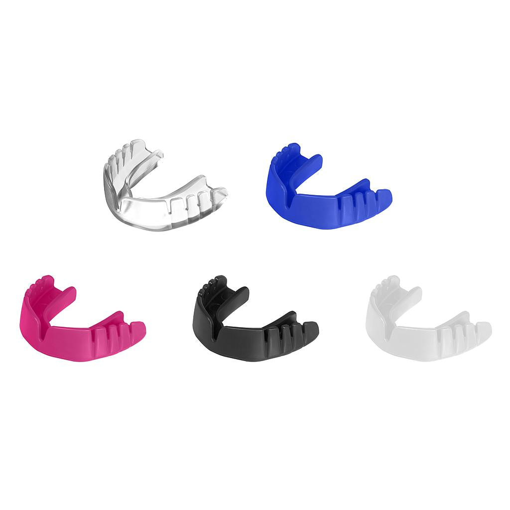 Five OPRO Snap-Fit Mouthguards by Opro in clear, blue, pink, black, and white are displayed on a white background. Each features a curved design and molded grooves for instant sports dental protection.