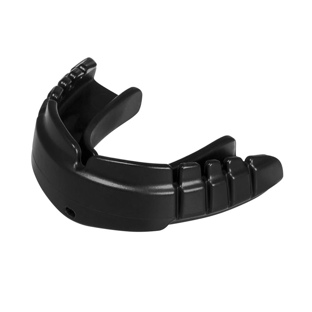 The Opro Snap-Fit Braces Mouthguard in black features a grooved, ridged design, shown at an angle highlighting its inside and outer edges, and provides reliable dental protection during sports.