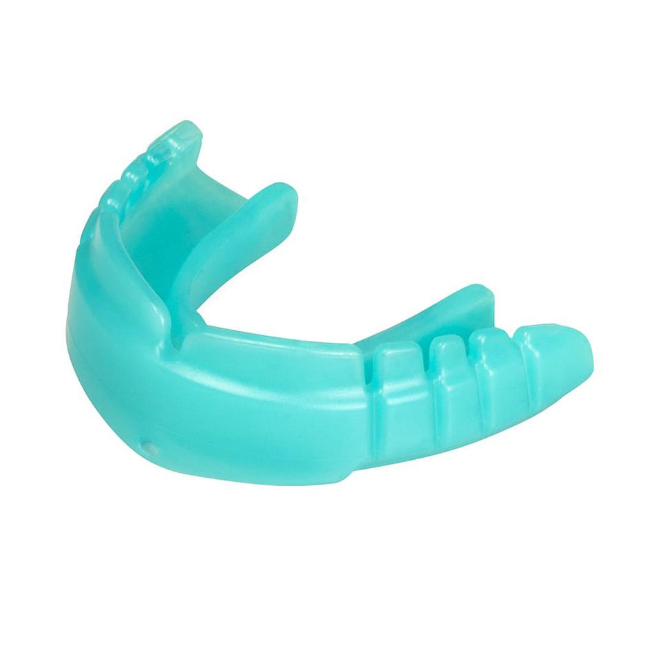 The Opro Snap-Fit Braces Mouthguard by Opro is a mint-colored mouthguard made of flexible material, designed to fit over upper teeth and provide dental protection during sports activities.