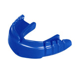 The Opro Snap-Fit Braces Mouthguard by Opro in Electric Blue features a curved design, ridged top, and center flap for sports dental protection, shown on a white background.