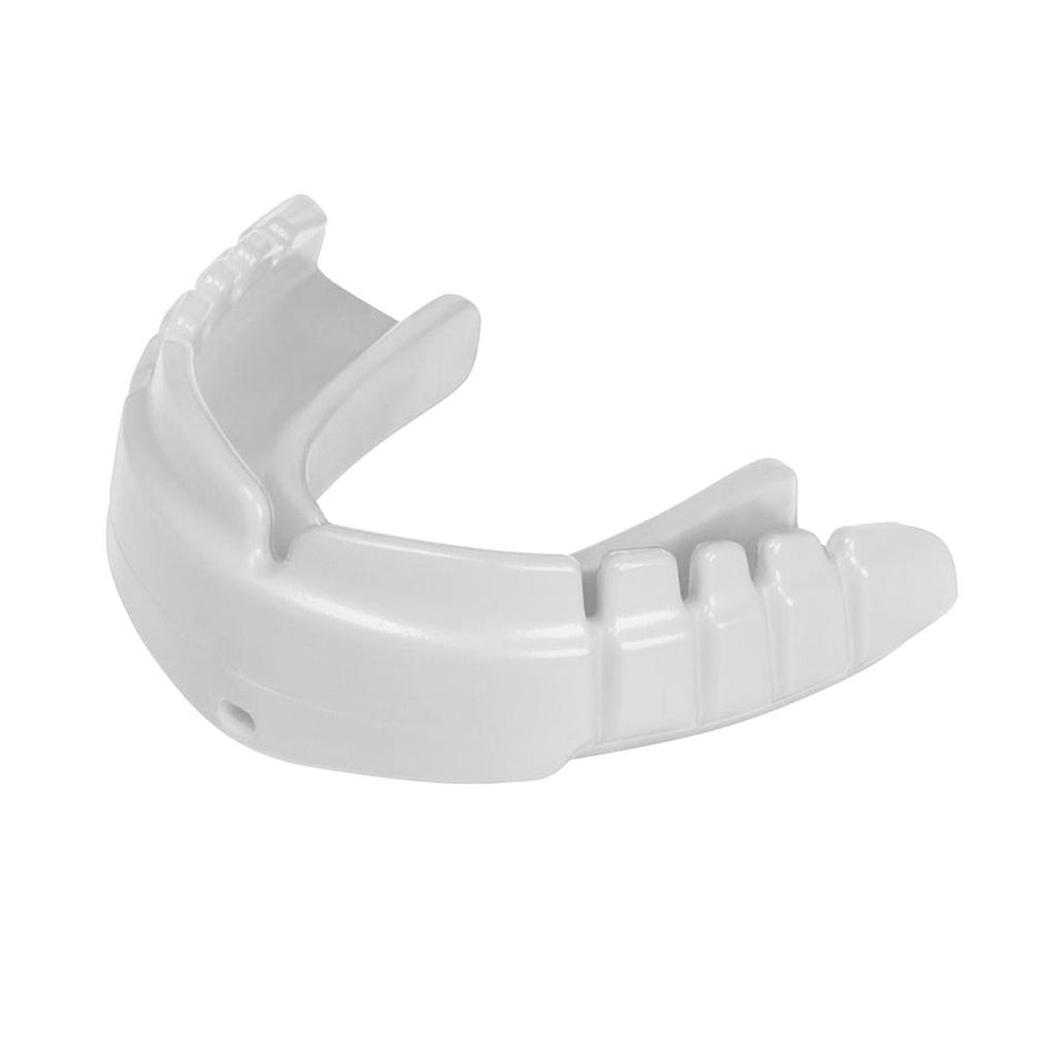 The Opro Snap-Fit Braces Mouthguard by Opro, shown in white on a plain background, features molded grooves for sports dental protection and a comfortable fit over upper teeth.