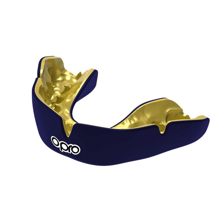 The OPRO Instant Custom Self Fit Mouthguard by Opro in dark blue and gold features the OPRO logo on the front, displayed against a white background.