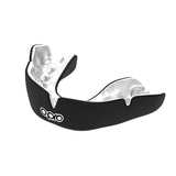 The OPRO Instant Custom Self Fit Mouthguard in Black/White features the Opro logo on the front, displayed on a white background. This mouthguard provides athletes with reliable protection during intense play.