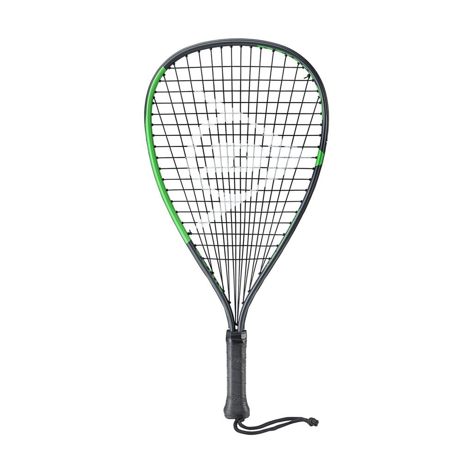 The Dunlop Sonic TI Racquetball Racket, by Dunlop, features a black and green teardrop design with black strings and grip handle with wrist strap—ideal for beginners. Shown on a white background.