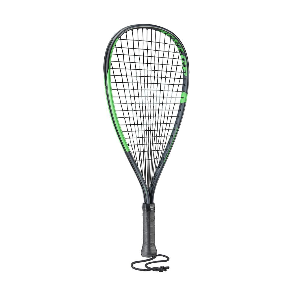 The Dunlop Sonic TI Racketball Racket, in black and green with a black grip and wrist strap, stands upright against a white background.