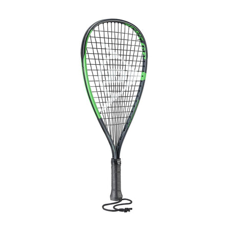 The Dunlop Sonic TI Racketball Racket, in black and green with a black grip and wrist strap, stands upright against a white background.