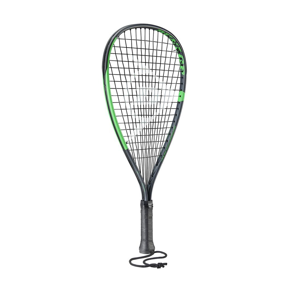 The Dunlop Sonic TI Racketball Racket, in black and green with a black grip and wrist strap, stands upright against a white background.