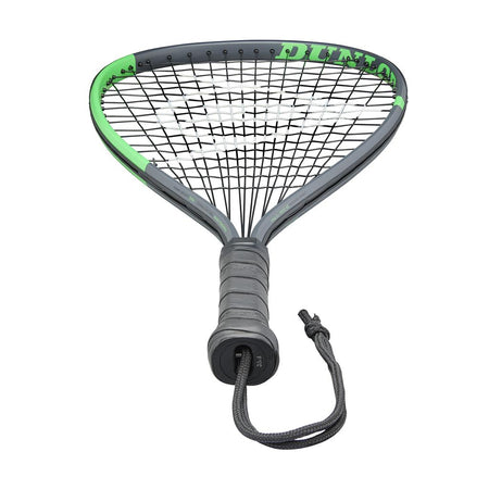 A close-up of the Dunlop Sonic TI Racquetball Racket in black and green, featuring a teardrop head with crisscrossed strings and a handle with wrist strap—ideal for beginners, thanks to its durable titanium alloy construction.