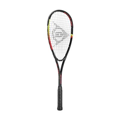 The Dunlop Blaze Inferno Squash Racket by Dunlop is a black premium alloy racket with red and yellow accents, Powermax string pattern, and a black grip handle, shown against a white background.