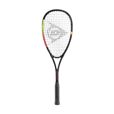 The Dunlop Blaze Inferno Squash Racket by Dunlop features a black frame with red and yellow accents, a teardrop-shaped head, wrapped grip handle, and Powermax string pattern with a dense center logo.