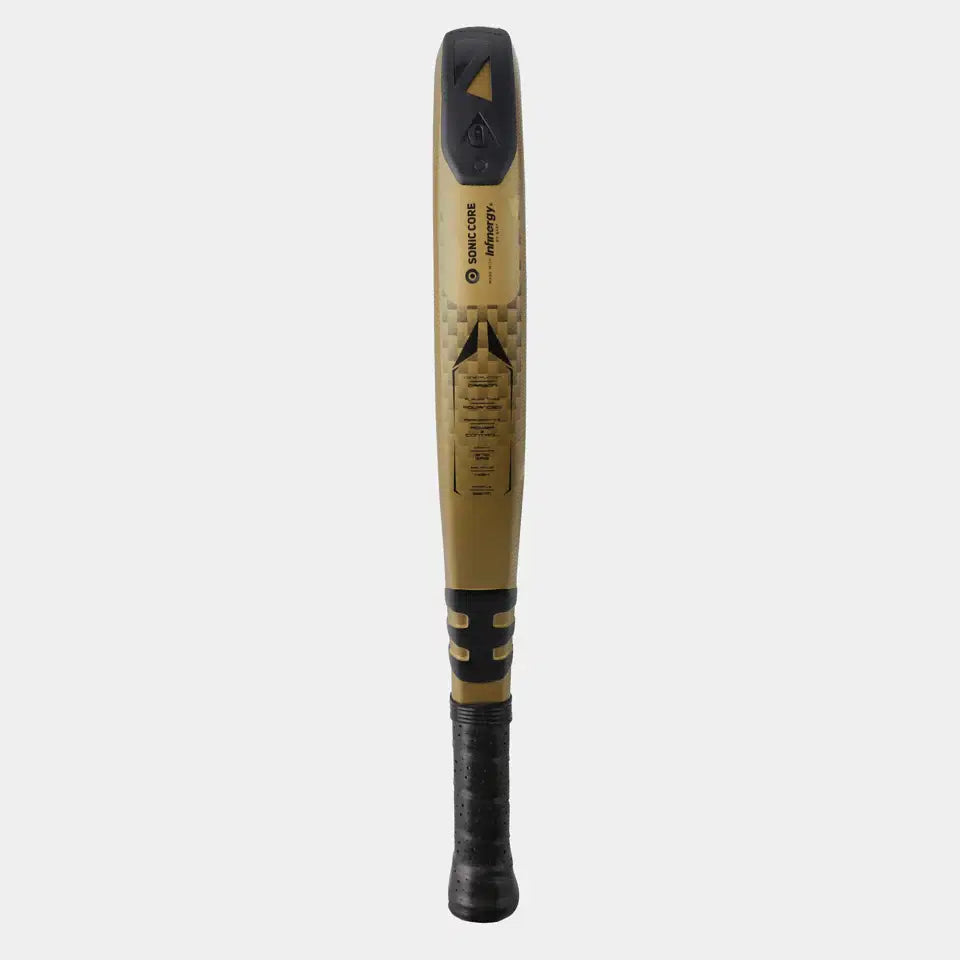 A gold and black Dunlop Aerostar Pro Padel Racket stands upright on a white background, shown from the handle with visible grip, Dunlop branding along the barrel, and Tri-Clamp reinforcement for added durability.