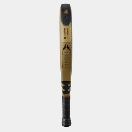 A gold and black Dunlop Aerostar Pro Padel Racket stands upright on a white background, shown from the handle with visible grip, Dunlop branding along the barrel, and Tri-Clamp reinforcement for added durability.