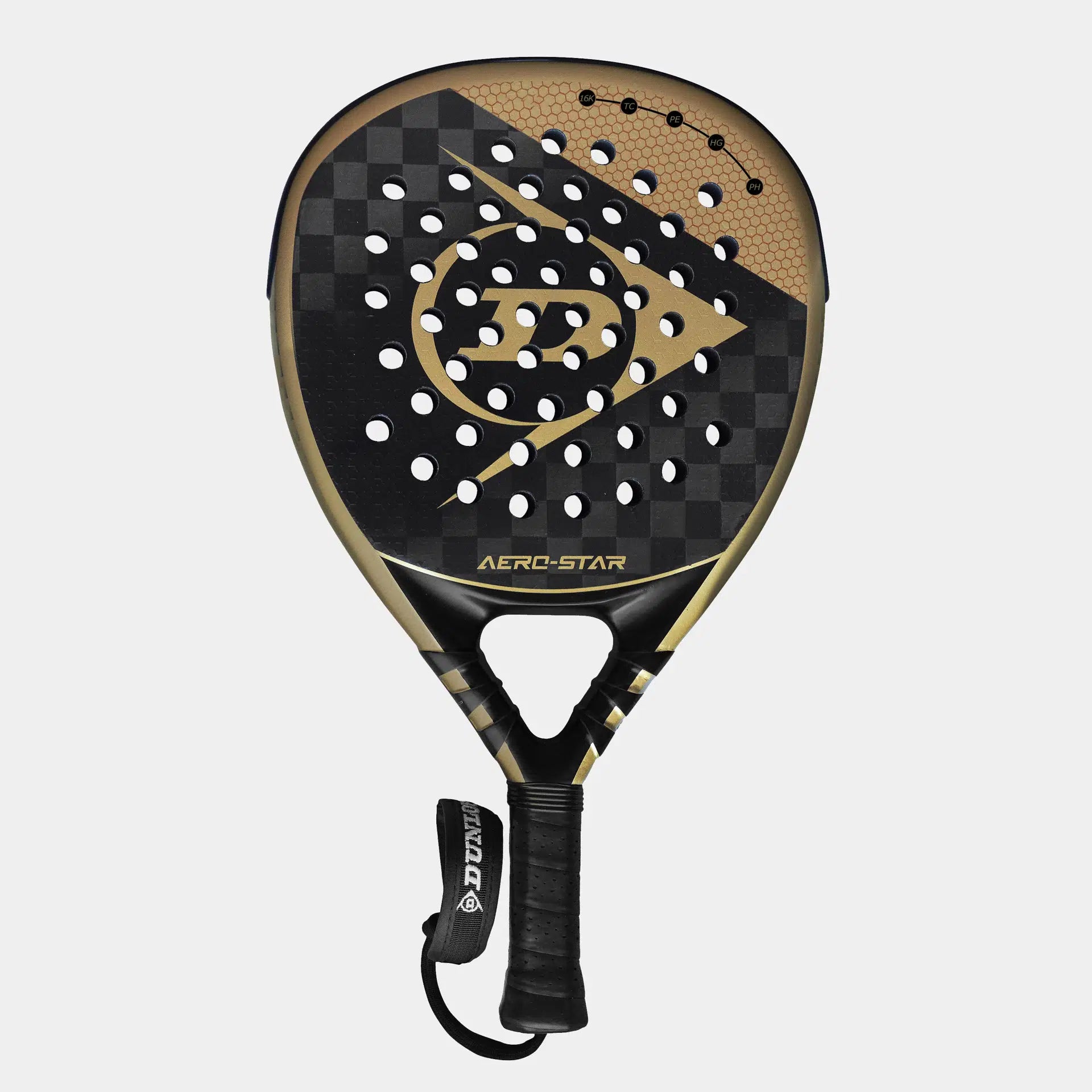 The Dunlop Aerolite Padel Racket features a black and gold checkered design, circular holes, Hyper Gryp finish, Aero-Star above the handle, and comes with a wrist strap.