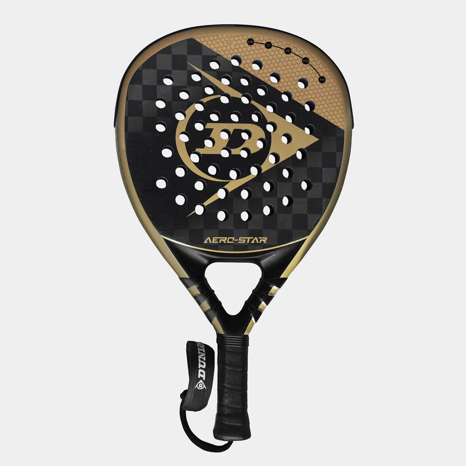 The Dunlop Aerolite Padel Racket features a black and gold checkered design, circular holes, Hyper Gryp finish, Aero-Star above the handle, and comes with a wrist strap.