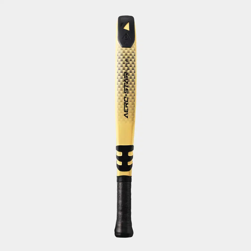 A yellow and black Dunlop Aerostar Lite Padel Racket with a carbon fiber pattern, Tri-Clamp reinforcement for added durability, and the Dunlop brand name printed along the shaft.