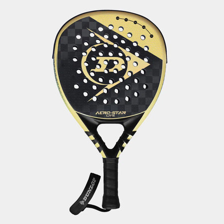 The Dunlop Aerostar Lite Padel Racket features a black and yellow design, checkered 16K Carbon bat, multiple round holes, a black grip with wrist strap, and Dunlop branding.