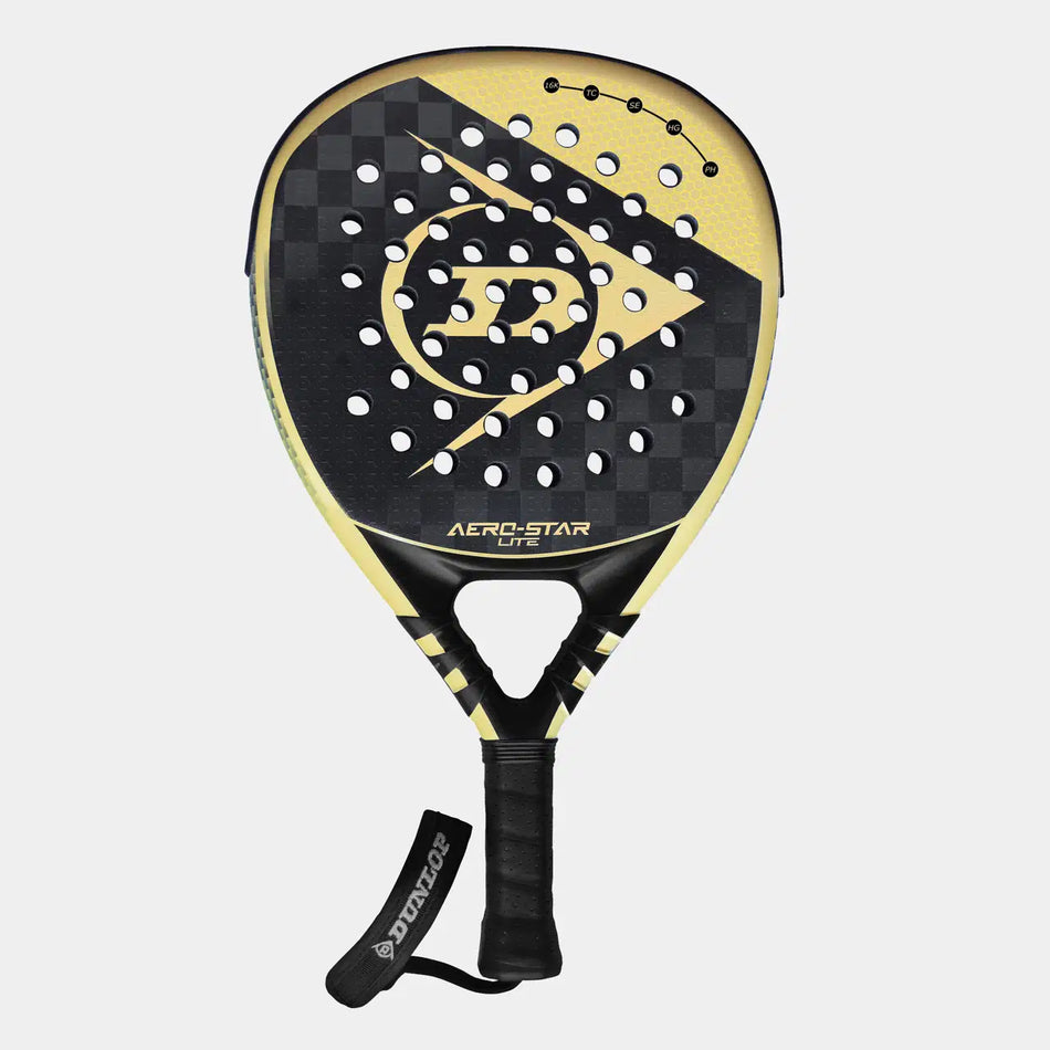 The Dunlop Aerostar Lite Padel Racket features a black and yellow design, checkered 16K Carbon bat, multiple round holes, a black grip with wrist strap, and Dunlop branding.