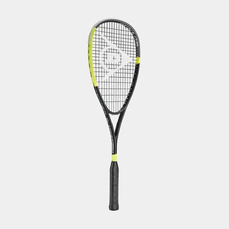 The Dunlop Blackstorm Graphite Squash Racket, in black and yellow with Head Light balance and a logo on the string bed, is shown against a plain light gray background.