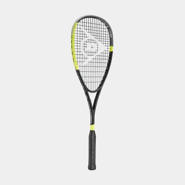 The Dunlop Blackstorm Graphite Squash Racket, in black and yellow with Head Light balance and a logo on the string bed, is shown against a plain light gray background.