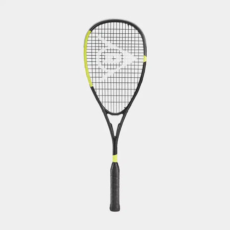 The Dunlop Blackstorm Graphite Squash Racket by Dunlop features yellow accents and a Head Light balance, displayed against a white background.