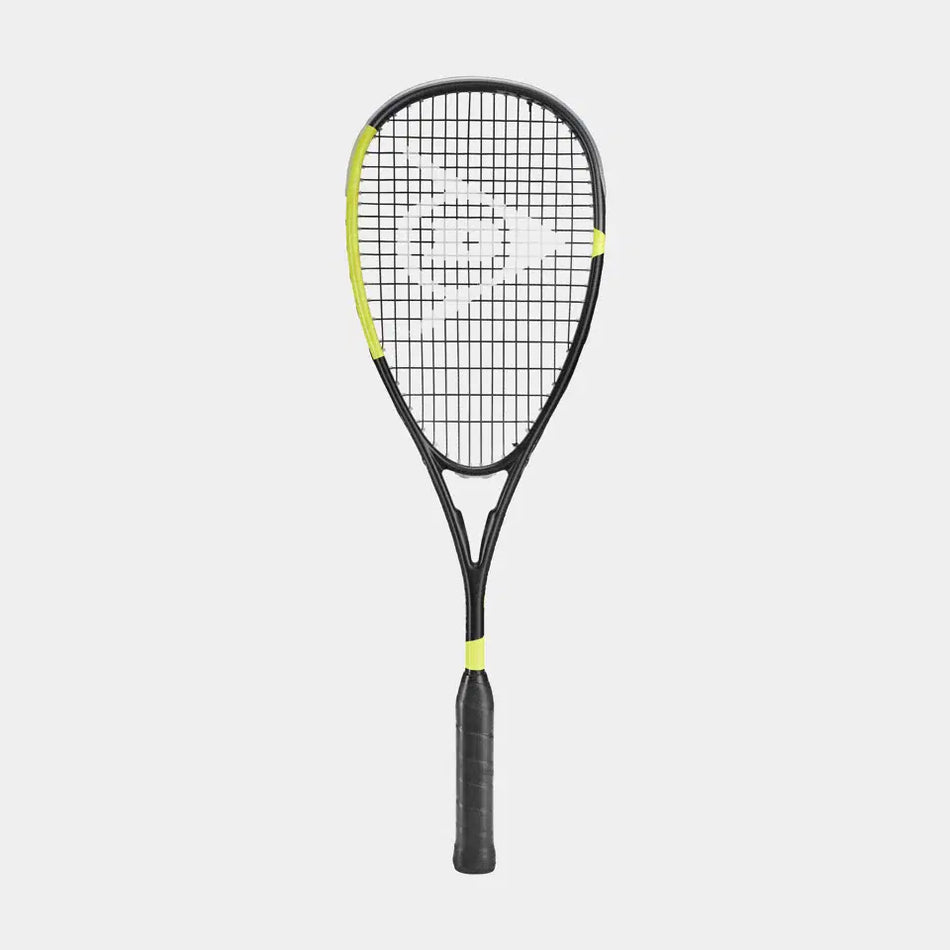 The Dunlop Blackstorm Graphite Squash Racket by Dunlop features a Head Light balance, yellow accents on the frame, and a round mesh head, shown isolated on a white background.