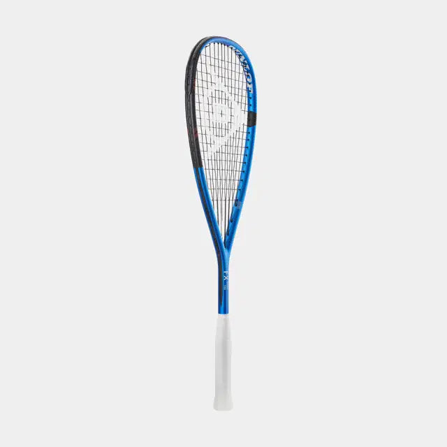 The Dunlop FX Team 130 Squash Racket, featuring a blue and black premium graphite frame, white grip, and Extra Head Light balance, stands vertically against a plain light gray background.
