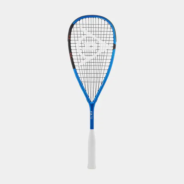 The Dunlop FX Team 130 Squash Racket features a blue premium graphite frame, white handle, black and white strings, and an Extra Head Light balance, all highlighted against a plain light background.