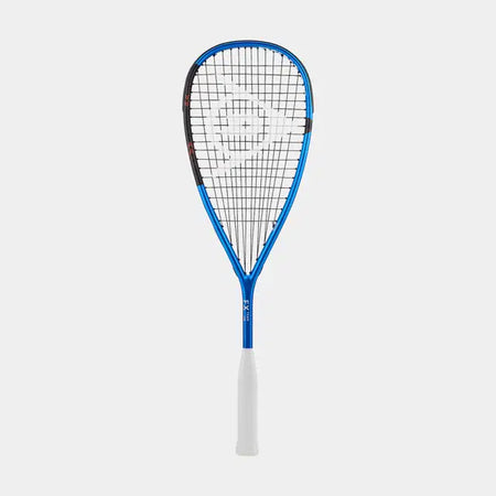 The Dunlop FX Team 130 Squash Racket features a blue premium graphite frame, white handle, black and white strings, and an Extra Head Light balance, all highlighted against a plain light background.