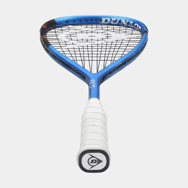 The Dunlop FX Team 130 Squash Racket features a blue frame, black strings, white grip, and Extra Head Light balance. Made from premium graphite by Dunlop, it's shown handle-first against a plain light background.